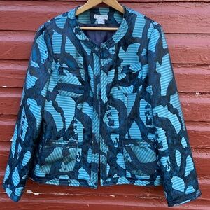 Grace Chuang Blue Stripe Boxy Four Pocket Cropped Blazer Jacket Women's XL